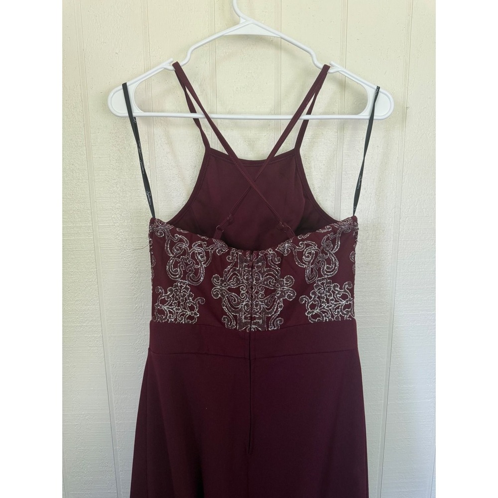 Xraordinary Burgundy Glitter Damask Halter Gown Side Slit Formal Dress Size 5 - Picture 4 of 7